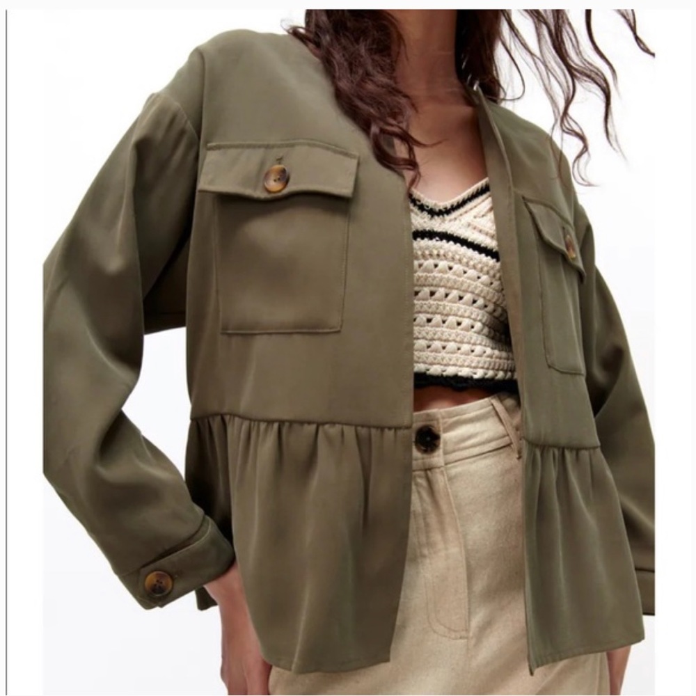 Zara olive green ruffled peplum jacket